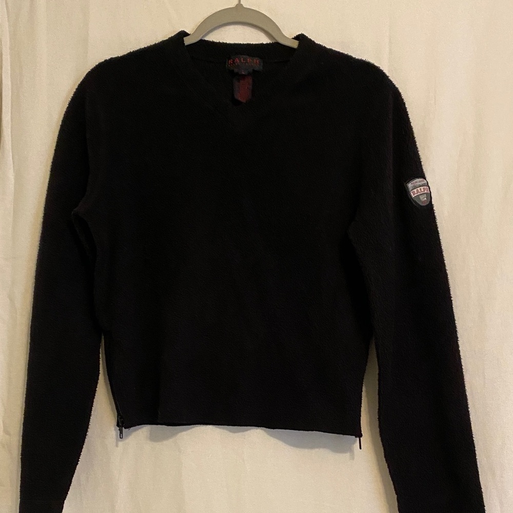 Ralph Lauren vintage look Black cozy V-Neck Sweater with zip up sides